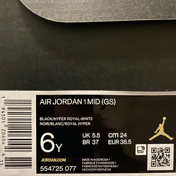 Nike Air Jordan 1 Mid Black Hyper Royal 2021 Grade School Youth Size 6Y - Picture 5 of 5